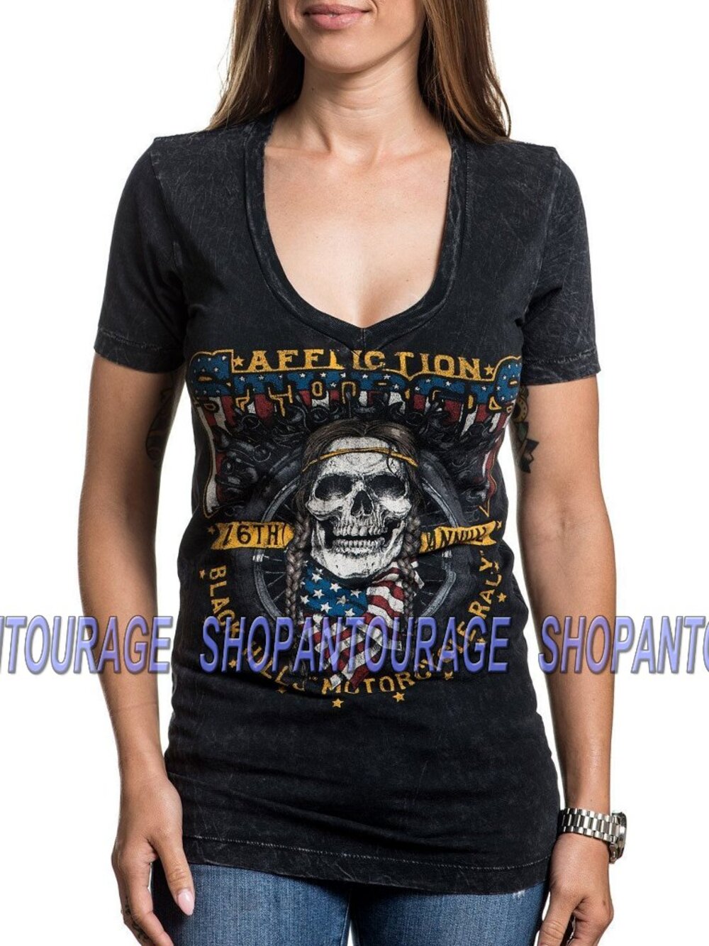 Affliction Sturgis 2016 AW15780 Short Sleeve Graphic V-neck T-shirt for Women